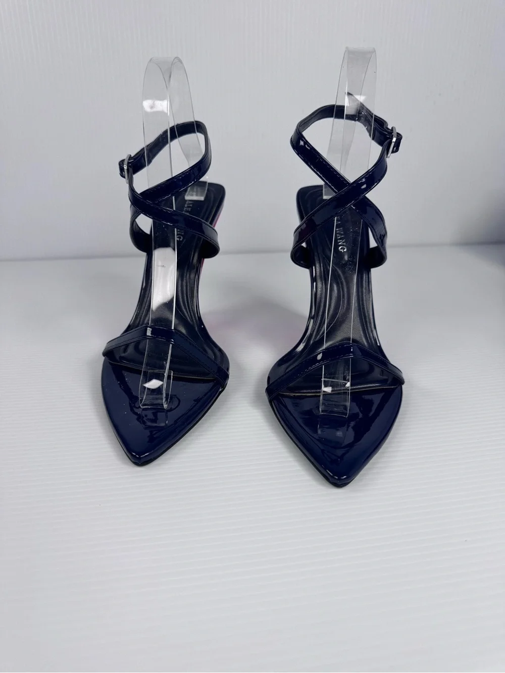Azalea Wang Seung Navy Multi Patent Wedge Heels | Strappy Pointed Toe Sz 6 - 7.5